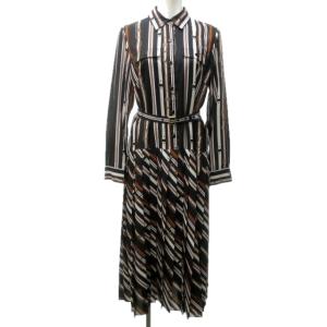 22AW シャツワンピース ロング ベルト柄 総柄 プリーツ 長袖 ベルト 36 ブラック ブラウン