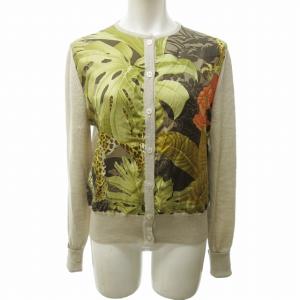 ニット カーディガン スカーフ柄 総柄 切替 ウール × シルク ベージュ M 1119