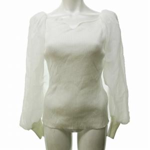 美品 22SS シアースリーブニットプルオーバー カットソー 異素材 切替 ストレッチ 長袖 ホワイト 白 36 約S 1116