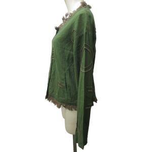 HaaT 17AW イッセイミヤケ ストライプシャツ ブラウス 総柄 フリンジ ショート 薄手 長袖 緑 グリーン 2 約M 1129