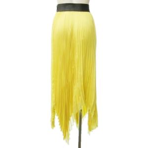 LOEWE 小さいサイズ プリーツ ロングスカート カットオフ加工 フリンジ 変形デザイン 切替 レザー アナグラム ロゴ ボタン 黄