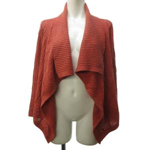 美品 ケーブルニット カーディガン ビッグカラー リネン 無地 長袖 オレンジ系 M 0219