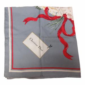 Christian Dior シルク スカーフ ストール 大判 花束 ブーケ柄 花柄 ライン グレー系 赤 マルチカラー KK4 0424