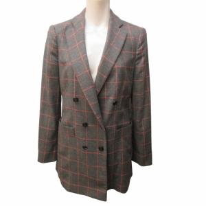 ウール ダブルジャケット ブレザー ウィンドウペン 裏地 ボーダー シルク混 グレー ピンク系 I 40 約M GY26 0520