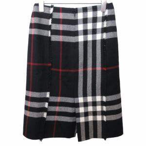 BURBERRY LONDON スカート タータンチェック フリンジ 装飾 ウール ひざ丈 白 黒 赤 ホワイト ブラック レッド 36 約S 0517