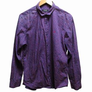 カジュアルシャツ 小花柄 総柄 ロゴ刺? 紺 赤 系 ネイビー レッド 3 約Lサイズ 0602