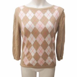 美品 ニット セーター アーガイルチェック ボートネック ボーダー 切替 コットン 7分袖 茶 ベージュ M 0715 GY06