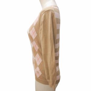 BURBERRY LONDON 美品 ニット セーター アーガイルチェック ボートネック ボーダー 切替 コットン 7分袖 茶 ベージュ M 0715 GY06