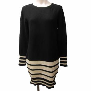 ヨウジ ヤマモト ニット ワンピース 切替 ボーダー 長袖 ひざ丈 ウール 黒 ブラック 白 S GY06 0730
