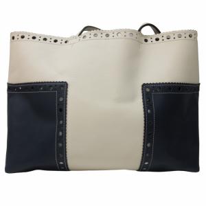 TORY BURCH BLOCK T BROGUE TOTE トートバッグ ショルダー パンチングレザー バイカラー ポーチ付き 白 ホワイト 紺