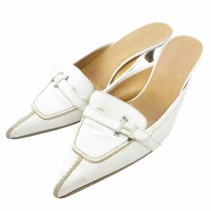 レザー コンスタンス ミュール サンダル パンプス Hロゴ ポインテッドトゥ 35 1/2 22.5cm 白 ホワイト