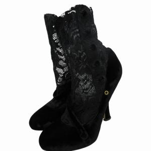 レース ショートブーツ ソックスブーツ パンプス ストラップ 36.5 23.5cm 黒 ブラック