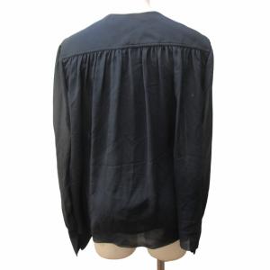 Chloe 近年モデル シルク ブラウス シャツ レース切替 ギャザー加工 長袖 ネイビー 紺 34 約S IBO55 0910