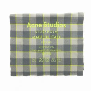大判 ロゴ ストール マフラー チェック ヴァージンウール ロゴ グレー 黄緑 グリーン
