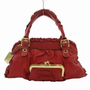 ギャザーハンドバッグ トート レザー ゴールド金具 がま口収納 赤 レッド