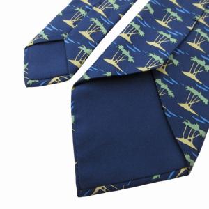 HERMES 美品 ネクタイ カジュアル 絹 シルク ヤシの木柄 総柄 紺 ネイビー