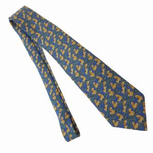 HERMES 美品 ネクタイ カジュアル 絹 シルク リス柄 総柄 青 ブルー