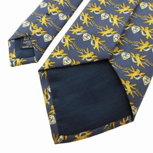 CHANEL 美品 ネクタイ カジュアル 絹 シルク ココマーク エンジェル柄 総柄 チェーン金具 紺 ネイビー