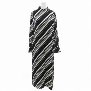 美品 バイヤスストライプワンピース ハイネック バイカラー スリット 長袖 ロング丈 36 S 黒 ブラック 白 ホワイト