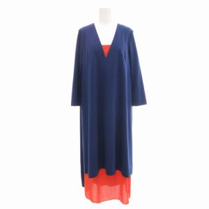 美品 22SS ドレープスムースレイヤードワンピース インナー ミモレ ロング 七分袖 38 M 青 ブルー オレンジ 531-2140519