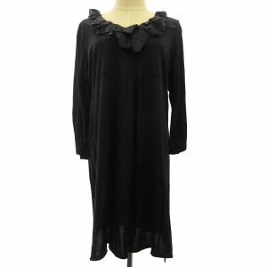 美品 シルクニット ワンピース フリル 長袖 紺 ネイビー 13+ 大きいサイズ 約XL