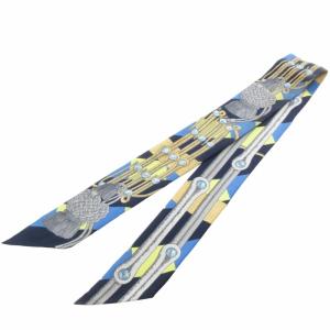HERMES BRANDEBOURGS ブランデンブルク ツイリー スカーフ ストール シルク 飾緒 総柄 青 ブルー系 黄色 イエロー系