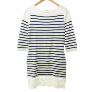 レース切替 ボーダー ニット ワンピース ボートネック ひざ丈 コットン 国内正規品 白 ホワイト L 1112 IBO57