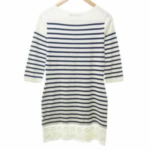 RALPH LAUREN レース切替 ボーダー ニット ワンピース ボートネック ひざ丈 コットン 国内正規品 白 ホワイト L 1112 IBO57