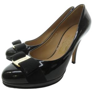 美品 ヴァラ リボン パンプス ミュール ハイヒール エナメル パテントレザー 黒 ブラック 5.5 23cm 1122 IBO57
