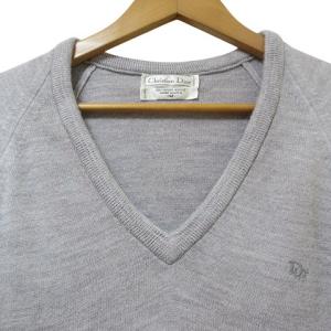 Christian Dior ヴィンテージ ニット セーター USA製 長袖 Vネック ロゴ ワンポイント 薄手 M グレー AA X