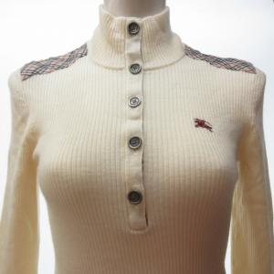 BURBERRY BLUE LABEL 美品 ウール リブ ハイネック ニット 切替 チェック柄 ハーフボタン ロゴ 刺繍 長袖 国内正規 白 ホワイト 38 約M