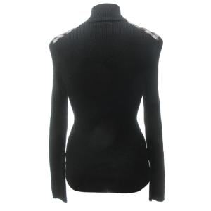 BURBERRY BLUE LABEL 美品 ウール リブ ハイネック ニット 切替 チェック柄 ハーフボタン ロゴ 刺繍 長袖 国内正規 黒 ブラック 38 約M