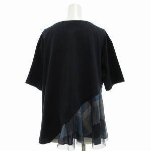 BLUE LABEL CRESTBRIDGE 美品 アシンメトリーカットソー ブラウス Tシャツ 半袖 チュール切替 金ボタン チェック柄 38 M 紺 ネイビー