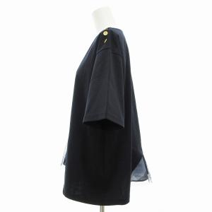 BLUE LABEL CRESTBRIDGE 美品 アシンメトリーカットソー ブラウス Tシャツ 半袖 チュール切替 金ボタン チェック柄 38 M 紺 ネイビー