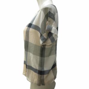 BLUE LABEL CRESTBRIDGE 美品 チェック ブラウス レイヤード風 シアー 金ボタン 半袖 グレー ベージュ マルチカラー 36 約S-M STK 1129
