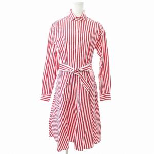 近年 シャツワンピース ミディ丈 ロング 長袖 ストライプ リボンベルト 0 赤 白 1218 IBO59
