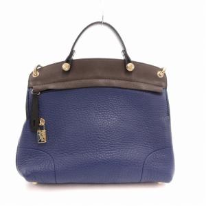 FURLA 2WAY レザーショルダーバッグ ハンドバッグ ターンロック 南京錠型チャーム 青 ブルー 黒 ブラック