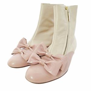 ダブルリボン レザー ショート ブーツ フラット ぺたんこ 36.5 23.5cm ベージュ ピンク 1224 IBO59