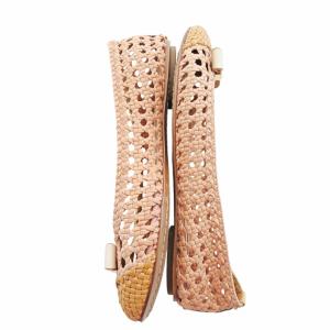 TORY BURCH 編み込み フラット パンプス シューズ リボン レザー ロゴ 6.5 23.5cm ピンクベージュ 1224 IBO59