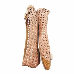 TORY BURCH 編み込み フラット パンプス シューズ リボン レザー ロゴ 6.5 23.5cm ピンクベージュ 1224 IBO59