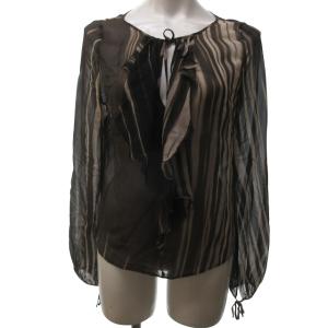 美品 黒タグ シアー シルクシャツ ブラウス リボン フリル 総柄 茶 ブラウン 38 約M IBO59