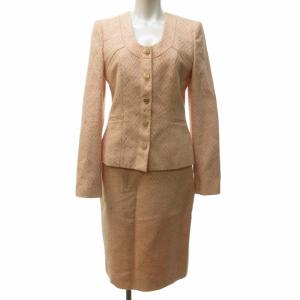 美品 ツイードセットアップ スカートスーツ ヴァラボタン ジャケット オレンジ 上40 下42 約XS-S IBO61