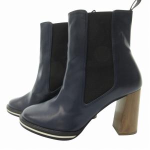 STELLA McCARTNEY 美品 ウッドヒール ショートブーツ サイドゴアブーツ レザー 紺 ネイビー 36.5 約23.5?p STK 0113