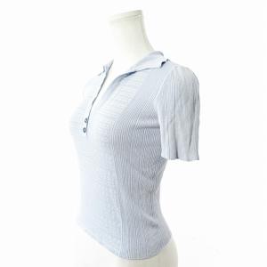 CELINE リブ ニット シルク ポロシャツ カットソー 半袖 開襟 S サックスブルー 0116 STK