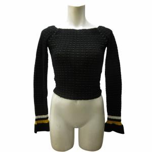 美品 フレアスリーブ ショート丈 ニット セーター ボートネック チビ丈 ブラック系 黒系 XS STK 0104