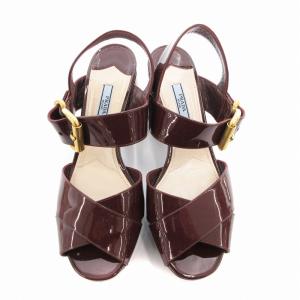 PRADA エナメルサンダル 厚底 チャンキーヒール アンクルストラップ 38 24cm ボルドー