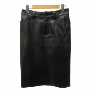 美品 レザー ロングスカート ひざ丈 皮革 黒 ブラック 7 約S