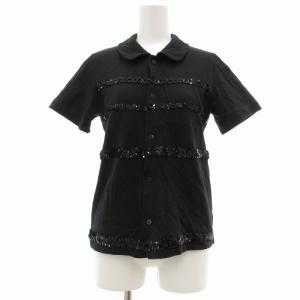 半袖シャツ リネン混 スパンコール刺しゅう 丸襟 黒 ブラック AD2001