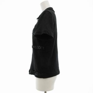 Tao 半袖シャツ リネン混 スパンコール刺しゅう 丸襟 黒 ブラック AD2001