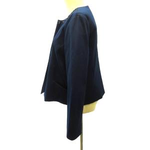 Leilian 美品 ノーカラー ジャケット ブレザー ラインストーン 紺 ネイビー 13+ 大きいサイズ 約XLサイズ 0125